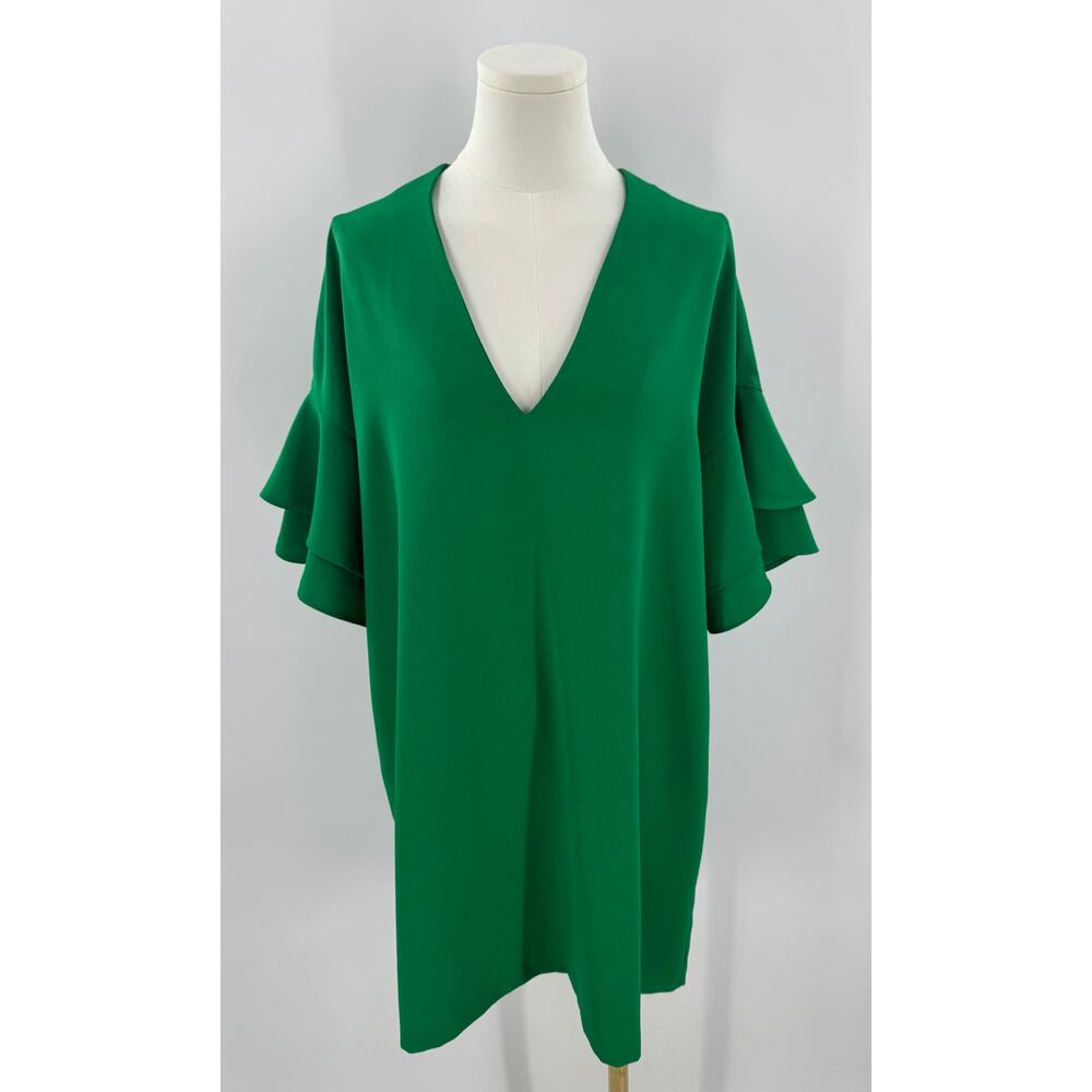 Zara Green Shift Dress XL Ruffle Pullover V neck Knee Length